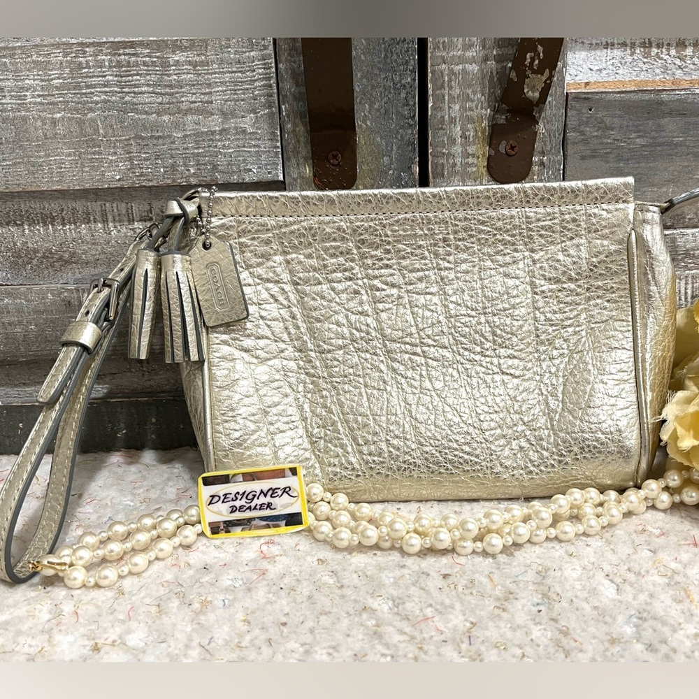COACH Legacy Gold Metallic Tassel Wristlet EUC!